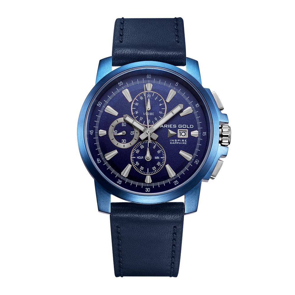 ARIES GOLD INSPIRE CONTENDER BLUE STAINLESS STEEL G 7301A BU-BU BLUE LEATHER STRAP MEN'S WATCH